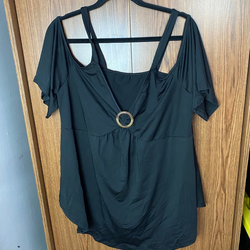 Cold Shoulder Top Women 3XL Black Ring Detail Short Sleeve Blouse